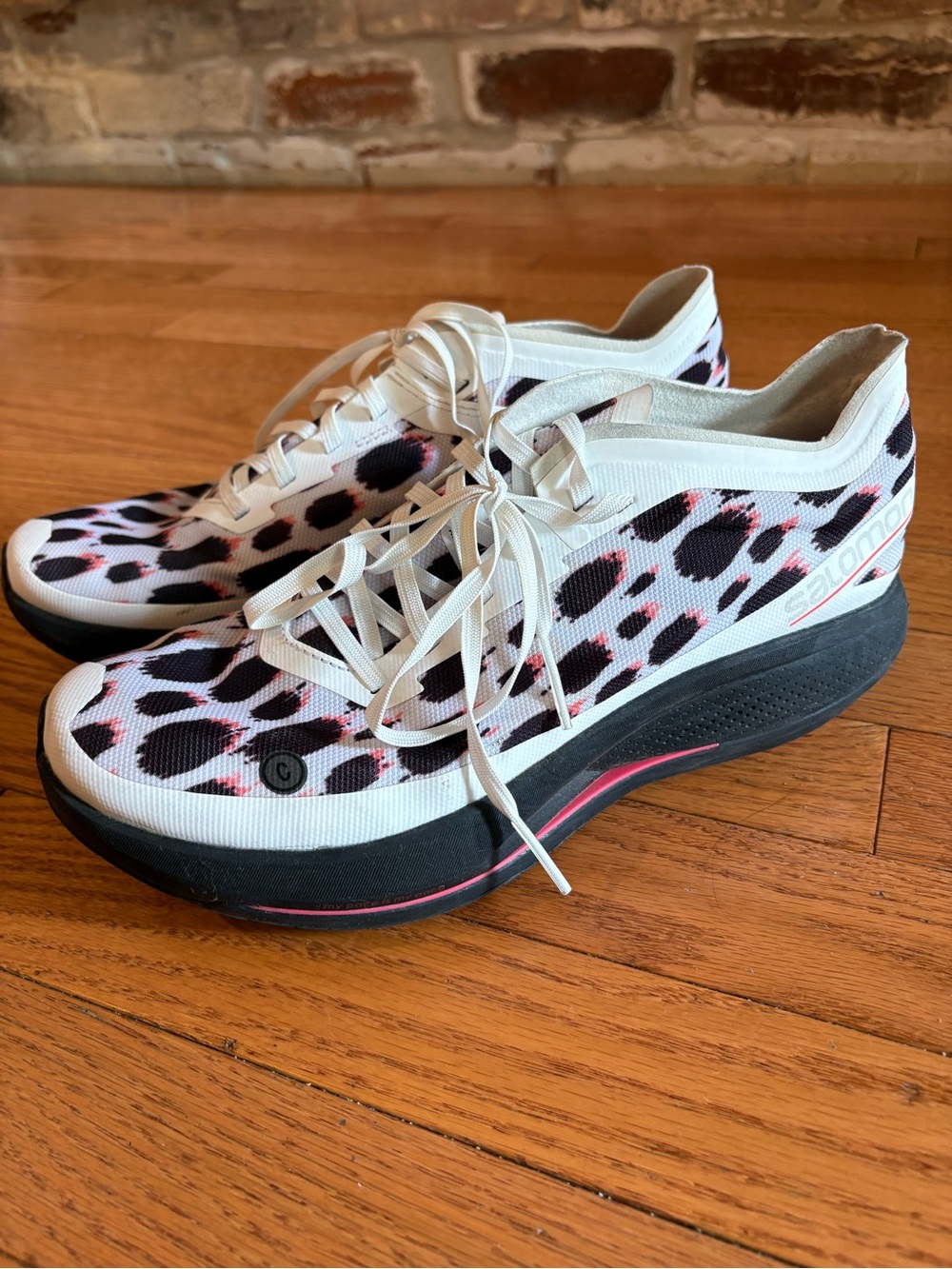 Salomon Women's White Black and Pink Leopard-Print Athletic Sneakers